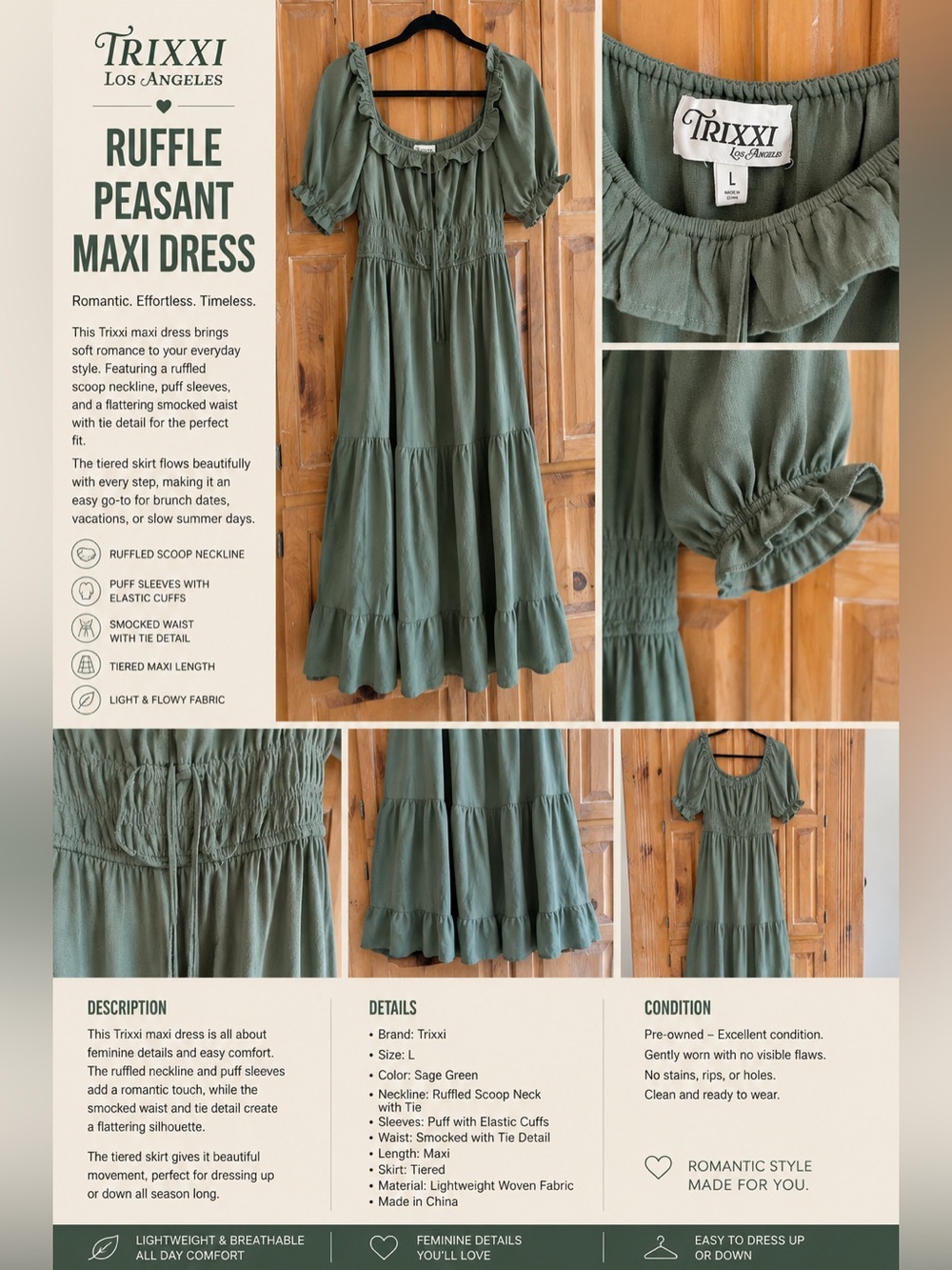 Trixxi Sage Green Ruffle Peasant Maxi Dress